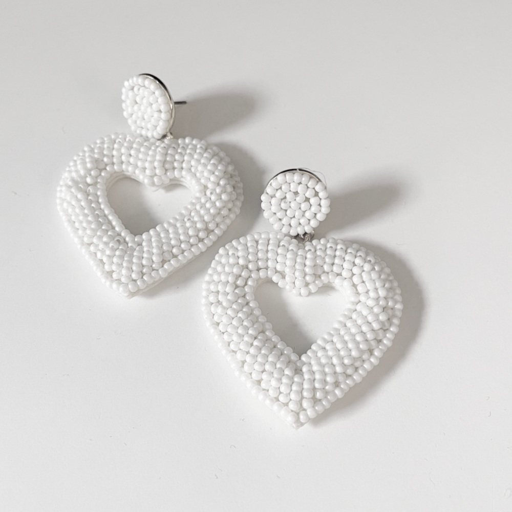 Elegant White Beaded Heart Earrings